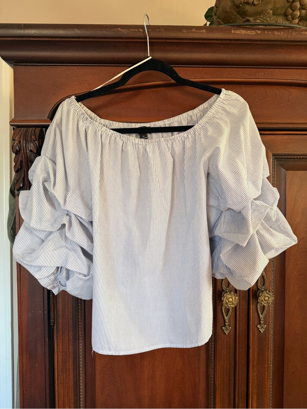 Timing Light Blue and White Striped Off-Shoulder Puff Sleeve Top